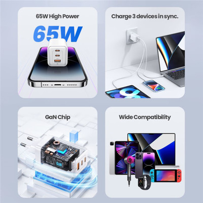 Incarcator GaN Fast Charge 65W 2x tip C, USB, Usams, albastru, US-CC180 - 2