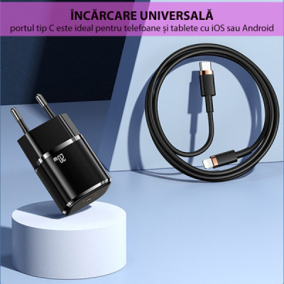 Incarcator Priza 1xUSB-C PD 20W + Cablu Lightning 1.2m - Usams (XFKXLOGTL01) - Black - 6
