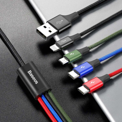 Cablu de Date USB la Lightning, 2 x Type-C, Micro-USB 3.5A, 1.2m - Baseus (CA1T4-B01) - Black - 3