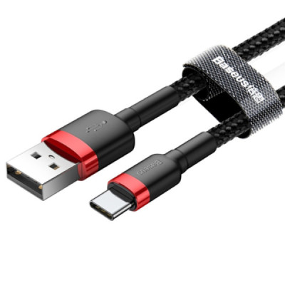 Cablu de Date USB Type-C, 3A, 0.5m - Baseus Cafule (CATKLF-A91) - Black / Red - 2