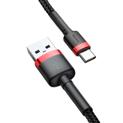 Cablu de Date USB Type-C, 3A, 0.5m - Baseus Cafule (CATKLF-A91) - Black / Red - 3