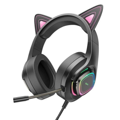 Casti Gaming Jack 3.5mm cu LED si Microfon - Hoco Cat Ears (W107)  - Black / Pink - 1