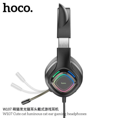 Casti Gaming Jack 3.5mm cu LED si Microfon - Hoco Cat Ears (W107)  - Black / Pink - 3