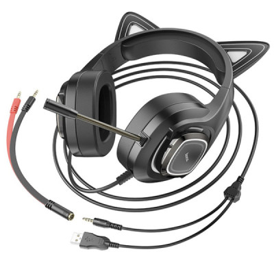 Casti Gaming Jack 3.5mm cu LED si Microfon - Hoco Cat Ears (W107)  - Black / Pink - 5
