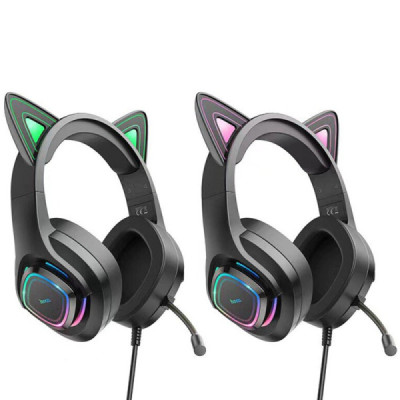 Casti Gaming Jack 3.5mm cu LED si Microfon - Hoco Cat Ears (W107)  - Black / Pink - 6