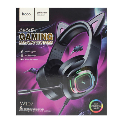 Casti Gaming Jack 3.5mm cu LED si Microfon - Hoco Cat Ears (W107)  - Black / Pink - 7
