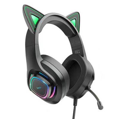 Casti Gaming Jack 3.5mm cu LED si Microfon - Hoco Cat Ears (W107)  - Black / Green - 1