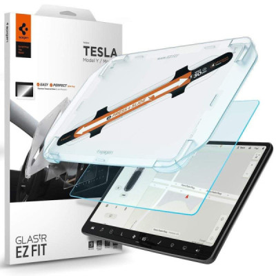 Folie pentru Display Auto Tesla Model Y / 3 - Spigen Glas.tR EZ-FIT - Matte Clear - 1