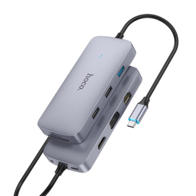 Hub Type-C to USB3.0, 2xUSB2.0, HDMI, RJ45, SD/TF Card, Type-C, VGA, Aux - Hoco (HB33) - Metal Gray - 1