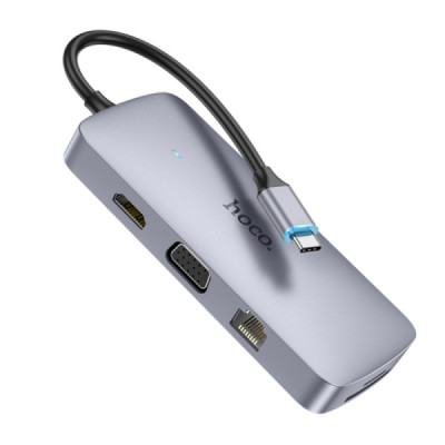 Hub Type-C to USB3.0, 2xUSB2.0, HDMI, RJ45, SD/TF Card, Type-C, VGA, Aux - Hoco (HB33) - Metal Gray - 3