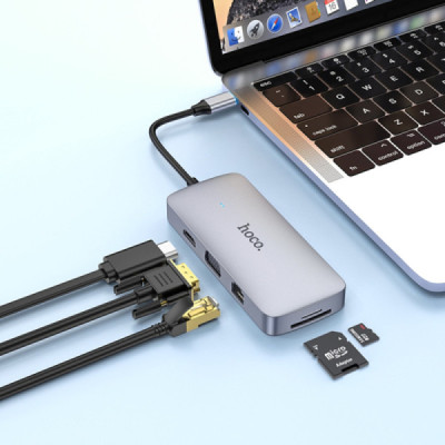 Hub Type-C to USB3.0, 2xUSB2.0, HDMI, RJ45, SD/TF Card, Type-C, VGA, Aux - Hoco (HB33) - Metal Gray - 6