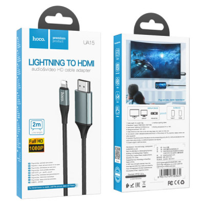 Cablu Video Lightning la HDMI, for iOS8.0+, 3.3V, 500mA, 1080p HD, 2m - Hoco (UA15) - Metal Gray - 7
