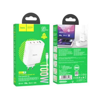Incarcator pentru Priza USB, 3x Type-C, Fast Charging, 100W + Cablu Type-C - Hoco Leader (N31) - White - 7