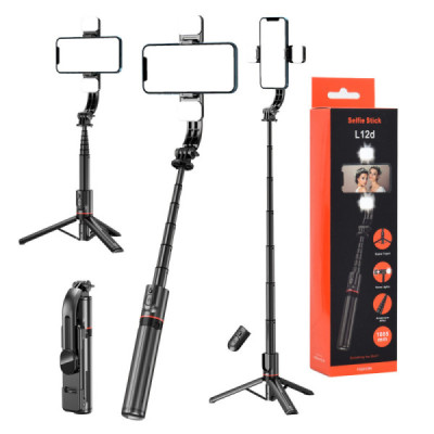 Selfie Stick Stabil Wireless cu Lumina LED Detasabila, 108cm - Techsuit Tripod Mount LED (L12D) - Black - 1