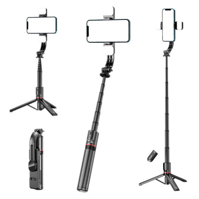 Selfie Stick Stabil Wireless cu Lumina LED Detasabila, 108cm - Techsuit Tripod Mount LED (L12D) - Black - 7