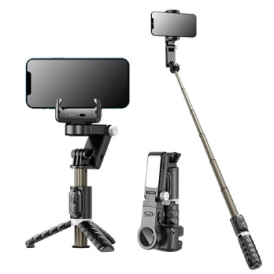 Gimbal Selfie Stick Stable cu Lumina LED si Telecomanda, 70cm - Techsuit (Q18) - Black - 1