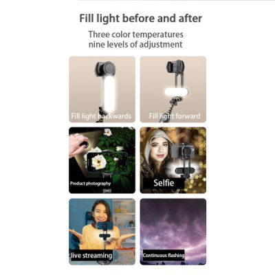 Gimbal Mini Selfie Stick cu LED si Trepied, 70cm - Techsuit (Q09) - Black - 6