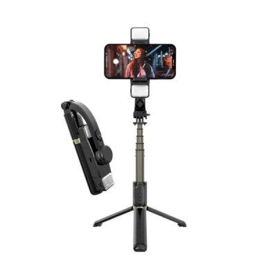 Selfie Stick Stabil Bluetooth cu Trepied si Lumini, 75cm - Techsuit (Q08D) - Black - 2