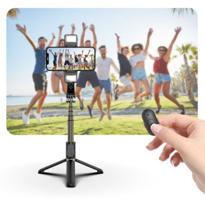 Selfie Stick Stabil Bluetooth cu Trepied si Lumini, 75cm - Techsuit (Q08D) - Black - 7