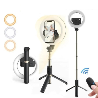 Selfie Stick Stabil cu Lampa Circulara, 80cm - Techsuit (Q07) - Black - 5