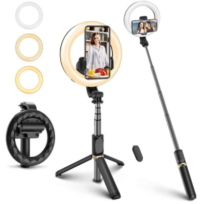 Selfie Stick Stabil cu Lampa Circulara, 80cm - Techsuit (Q07) - Black - 7