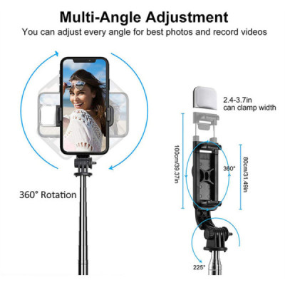 Selfie Stick Stabil cu Trepied si LED, 105cm - Techsuit (Q02S) - Black - 5