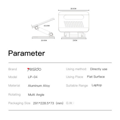 Suport Laptop pentru Birou, Reglabil, din Aluminiu - Yesido (LP04) - Silver - 7