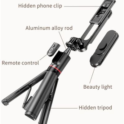 Selfie Stick Stabil cu Lumini LED Portabil, 111cm - Techsuit (L15) - Black - 2