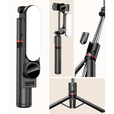 Selfie Stick Stabil cu Lumini LED Portabil, 111cm - Techsuit (L15) - Black - 3