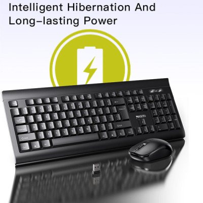 Yesido - Wireless Keyboard and Mouse Set (KB12) - Intelligent Hibernation, Plug&Play - Black - 3