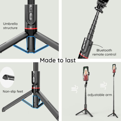 Selfie Stick Trepied Stabil, Portabil, 106cm - Techsuit L12 - Black - 7