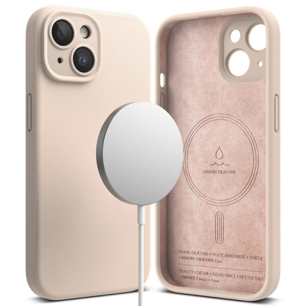 Husa pentru iPhone 15 Plus - Ringke Silicone Magnetic - Pink Sand