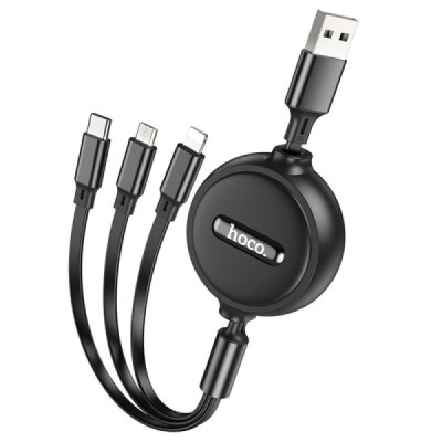 Cablu USB-A la Type-C, Lightning, Micro-USB, 2A, 1m - Hoco Double-Pull (X75) - Black - 2