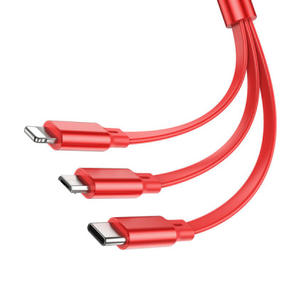 Cablu USB-A la Type-C, Lightning, Micro-USB, 2A, 1m - Hoco Double-Pull (X75) - Red - 2