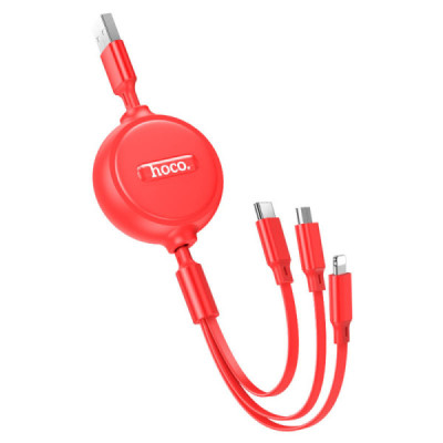 Cablu USB-A la Type-C, Lightning, Micro-USB, 2A, 1m - Hoco Double-Pull (X75) - Red - 3