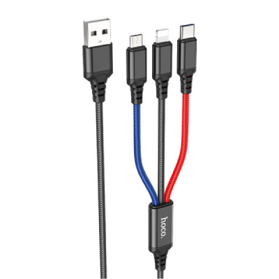 Cablu USB-A la Type-C, Lightning, Micro-USB, 2A, 1m - Hoco Super (X76) - Black/Red/Blue - 1