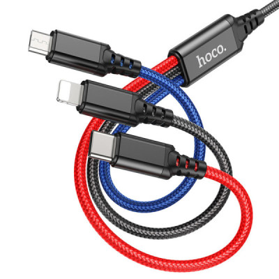 Cablu USB-A la Type-C, Lightning, Micro-USB, 2A, 1m - Hoco Super (X76) - Black/Red/Blue - 2