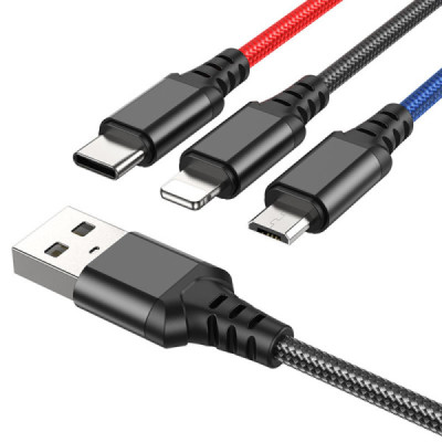 Cablu USB-A la Type-C, Lightning, Micro-USB, 2A, 1m - Hoco Super (X76) - Black/Red/Blue - 3