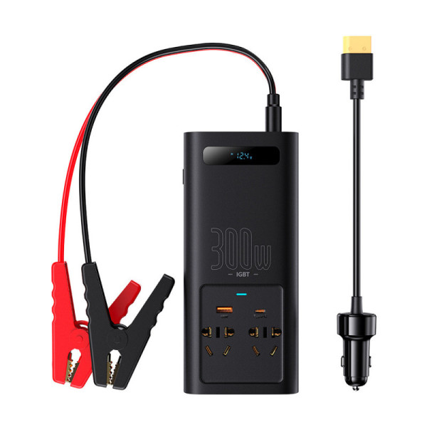 Invertor pentru Masina USB, Type-C, CN/EU, 220V, 300W + Cleme si Cablu 12V - Baseus (CGNB010101) - Black