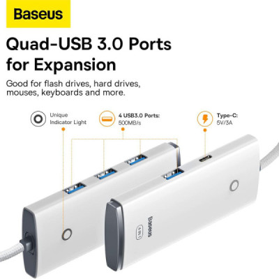 Hub USB la 4x USB 3.0, Type-C, 1m - Baseus Lite Series (WKQX030102)  - White - 4
