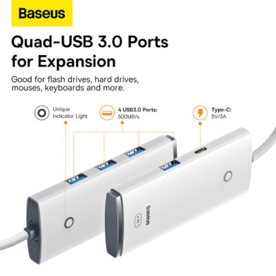 Hub USB-C la 4x USB 3.0, Type-C, 1m - Baseus Lite Series (WKQX030402) - White - 5