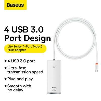 Hub USB-C la 4x USB 3.0, Type-C, 1m - Baseus Lite Series (WKQX030402) - White - 6