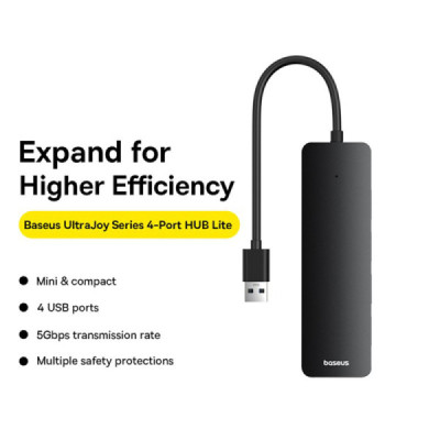 Hub USB la 4x USB 3.0, 5Gbps, 15cm - Baseus UltraJoy Series (B0005280B111-00) - Black - 5