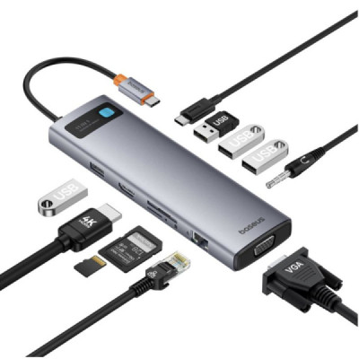 Hub Type-C la HDMI 4K, VGA, 4xUSB, Type-C, RJ45, SD, TF, Jack 3.5mm - Baseus Metal Gleam (B00030709811-00) - Space Grey - 2