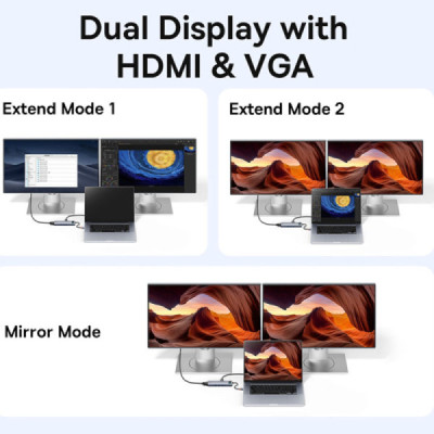 Hub Type-C la HDMI 4K, VGA, 4xUSB, Type-C, RJ45, SD, TF, Jack 3.5mm - Baseus Metal Gleam (B00030709811-00) - Space Grey - 6