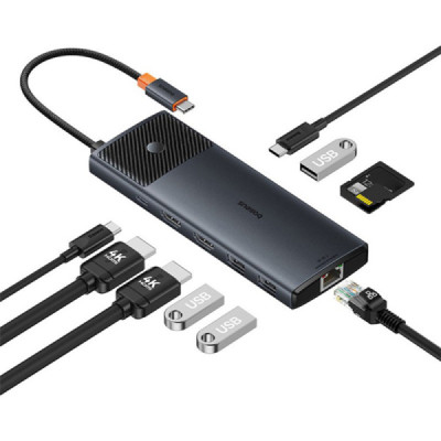 Hub USB-C la 2 x HDMI, 3xUSB, 2xUSB-C, RJ45, SD,TF - Baseus Metal Gleam Series II (B00061800123-00) - Black - 2