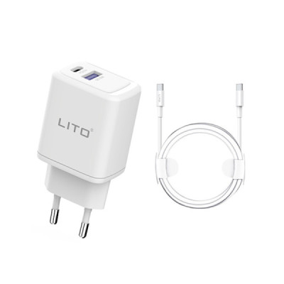 Incarcator pentru Priza Type-C si USB cu Cablu Type-C la Type-C - Lito (LT-LC02) - White - 1