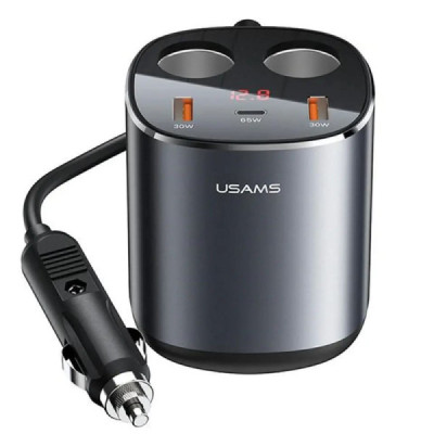 Usams - Dual Cigarette Lighters Fast Car Charger US-CC151 C28 (CC151TC01) - 2 x USB, Type-C, Digital Display, 245W - Grey - 1