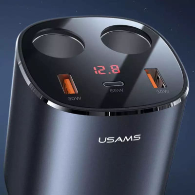 Usams - Dual Cigarette Lighters Fast Car Charger US-CC151 C28 (CC151TC01) - 2 x USB, Type-C, Digital Display, 245W - Grey - 5
