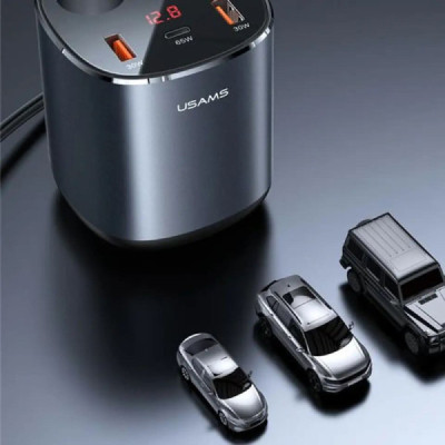 Usams - Dual Cigarette Lighters Fast Car Charger US-CC151 C28 (CC151TC01) - 2 x USB, Type-C, Digital Display, 245W - Grey - 6